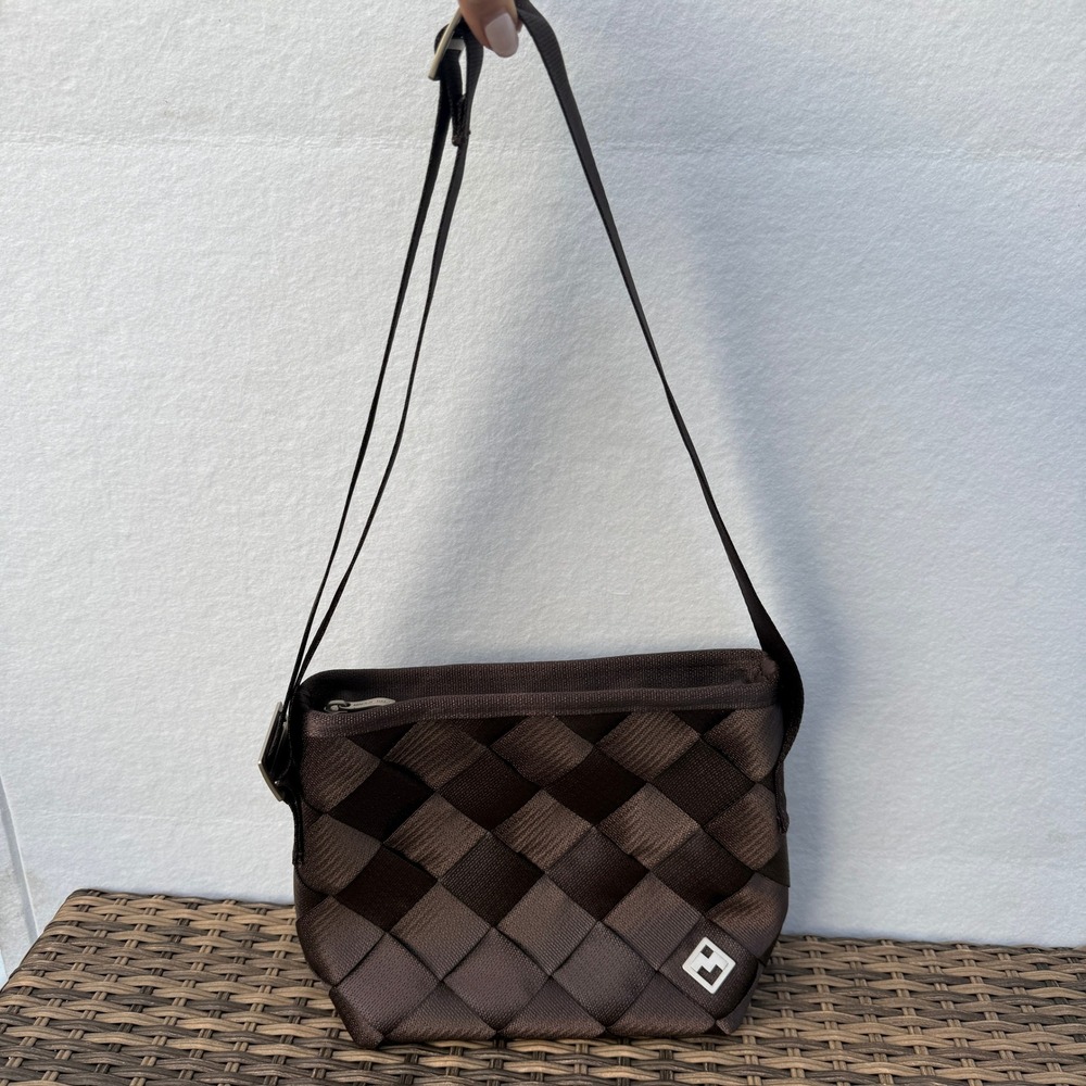 Maggie Bags Seatbelt Crossbody Bag Brown Woven Purse Purple Lining Zip Top